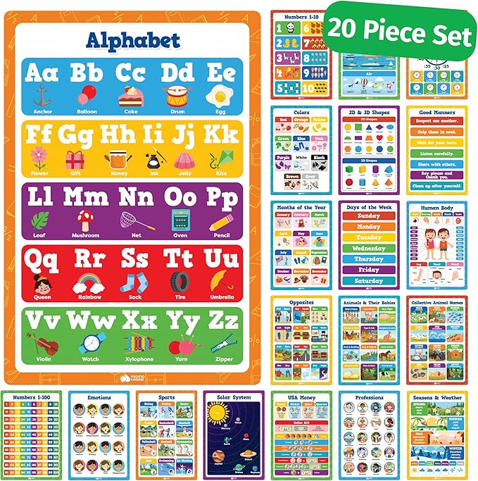Classroom Educational Posters - 20pcs 16” x 11” - Teacher Classroom Must Haves Supplies Essentials - ABC Alphabet Poster School Supplies - Elementary Kindergarten Preschool Learning Activities
