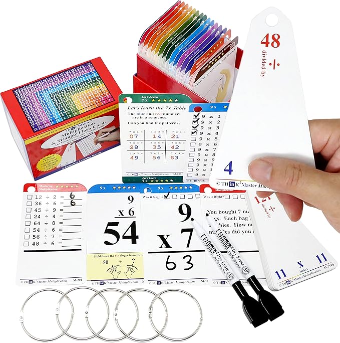 Think2Master Premium 260 Laminated Multiplication & Triangle Division Flash Cards. (All 0-12 X Facts)| Bonus: 2 Dry Erase Markers & 5 Rings. | Designed by A Teacher