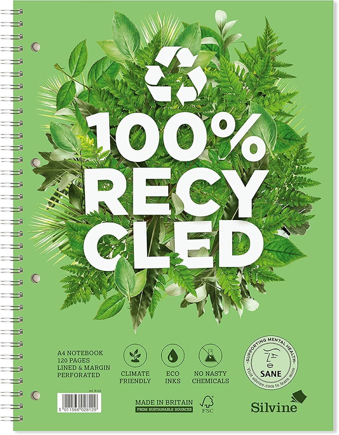 Silvine A4+ Premium Recycled Wirebound Notebook, Lined with margin, 120 pages of 100% Recycled Paper. Ref R102 [Pack of 5]