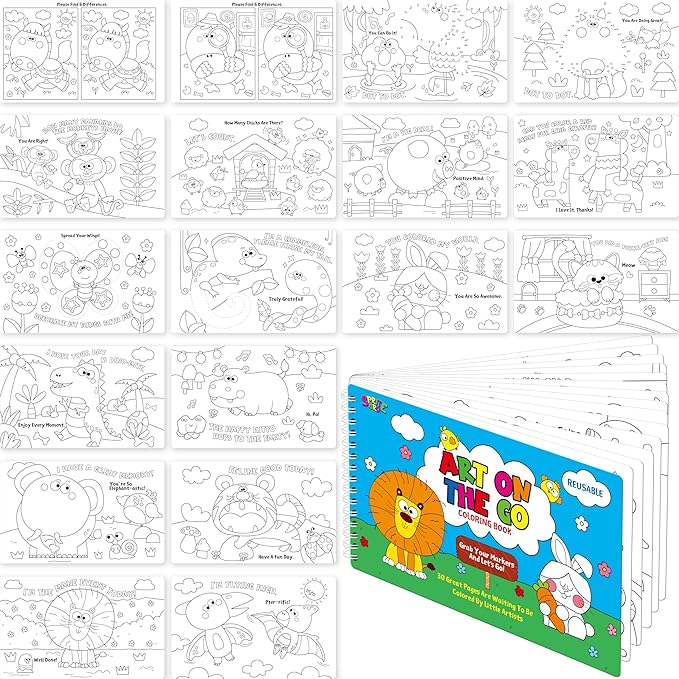 SpriteGru Coloring Activity Book, 30 Dry-Erase Pages Animals to Color, Fun & Creative Coloring Pages for Toddlers, Kids, Teens, Adults, Reusable Activity Pad for Road Trip, Travel, at Home