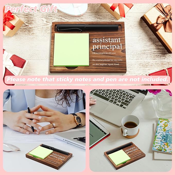 CINRLLA Assistant Principal Sticky Note Holder Wooden Notepad & Pen Holder 6.5"" x 4.7"" Sticky Note Pad Holder Dispenser for Desk Assistant Principal Definition Work Gifts, NPA187, Brown