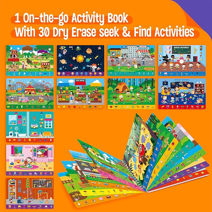 SpriteGru Search & Find Book, 30 Dry Erase Activities Game Pad, Reusable & Erasable Montessori Learning Toy Educational Games Autism Sensory Toys for Preschool Girls and Boys Ages 3, 4, 5, 6
