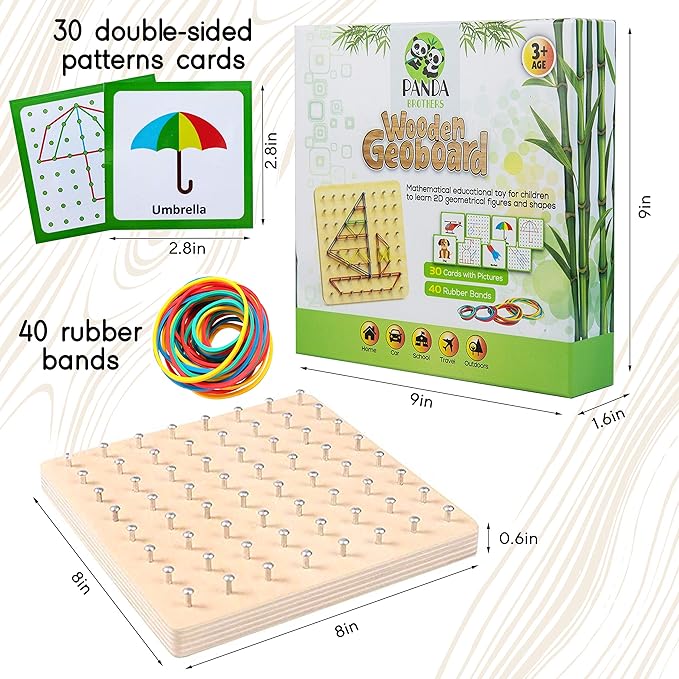 Panda Brothers Wooden Geoboard - Montessori Toys for 3 4 5 Year Old Kids and Toddlers, Educational Toy with 30 Pattern Cards and 40 Rubber Bands to Create Figures, Brain Teaser STEM Toy Geo Board