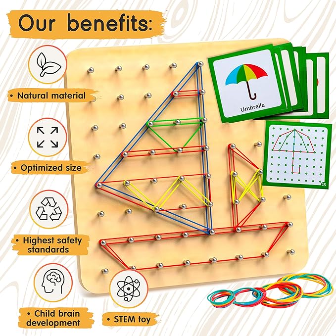Panda Brothers Wooden Geoboard - Montessori Toys for 3 4 5 Year Old Kids and Toddlers, Educational Toy with 30 Pattern Cards and 40 Rubber Bands to Create Figures, Brain Teaser STEM Toy Geo Board
