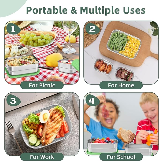HaWare Stainless Steel Lunch Box Containers for Kids, Leak Proof Food Storage Containers with Green Silicone Lids, Easy Open Bento Box for School and Daycare, Portable Metal Snack Box (8oz*2+25oz)