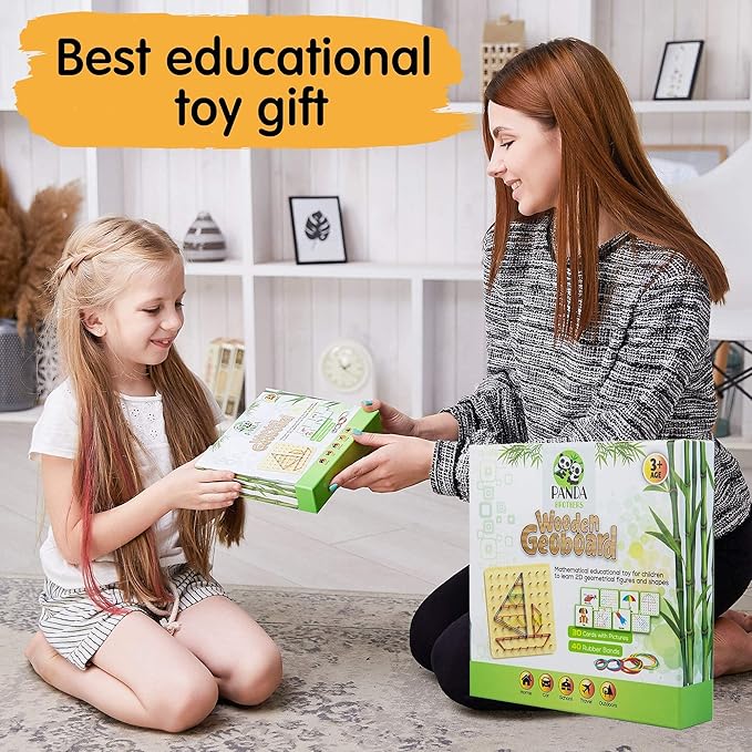 Panda Brothers Wooden Geoboard - Montessori Toys for 3 4 5 Year Old Kids and Toddlers, Educational Toy with 30 Pattern Cards and 40 Rubber Bands to Create Figures, Brain Teaser STEM Toy Geo Board