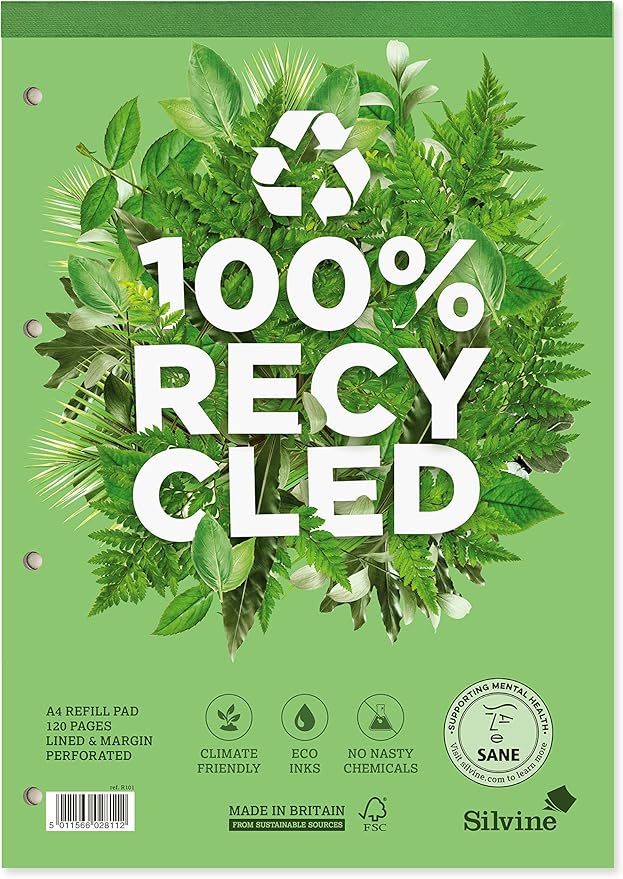 Silvine A4 Premium Recycled Refill Pad. Lined with Margin,White, 120 Pages of 100% Recycled Paper. Ref R101