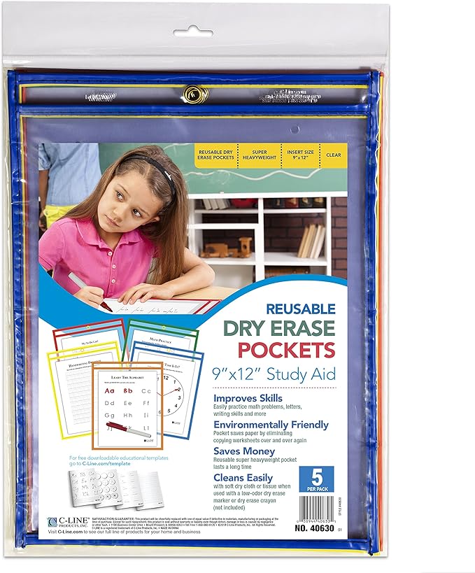 C-Line Reusable Dry Erase Pockets, 9 x 12 Inches, Assorted Primary Colors, 5 Pockets per Pack (40630)