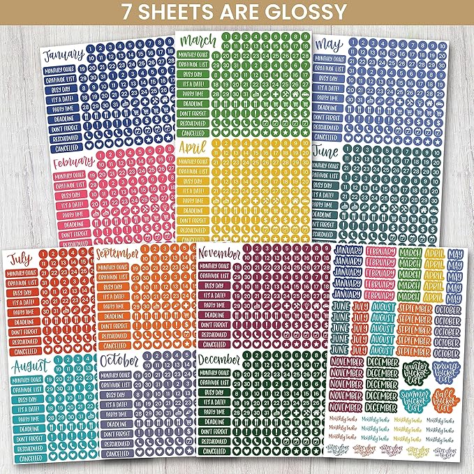 bloom daily planners Bright & Colorful Calendar Essentials Planner Stickers - 8 Sheets, 1629 Stickers Per Pack! - Color Coordinating Monthly Headings, Dates, Icons, Etc. - Happy Seasons