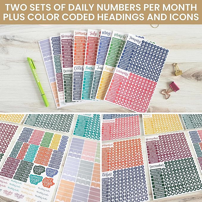 bloom daily planners Bright & Colorful Calendar Essentials Planner Stickers - 8 Sheets, 1629 Stickers Per Pack! - Color Coordinating Monthly Headings, Dates, Icons, Etc. - Happy Seasons